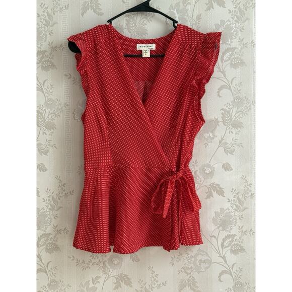 Retro Red Polka Dot Wrap Peplum Top Sz L Sleeveless Rockabilly Pin Up Girl Style - Picture 2 of 11